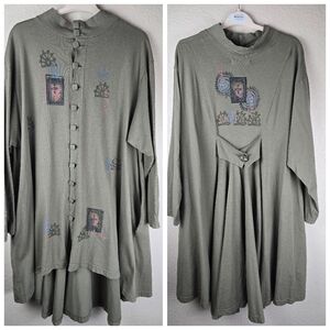 VTG Blue Fish‎ Oversized Green Tunic Dress With Abstract Print Button Details OS